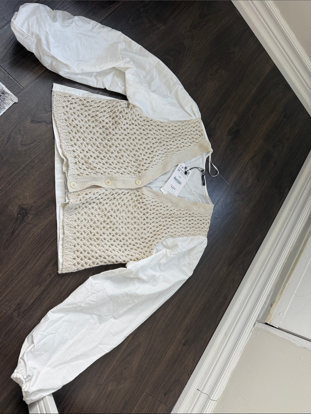 Zara Cream Knit Button-Front Cardigan with White Balloon Sleeves